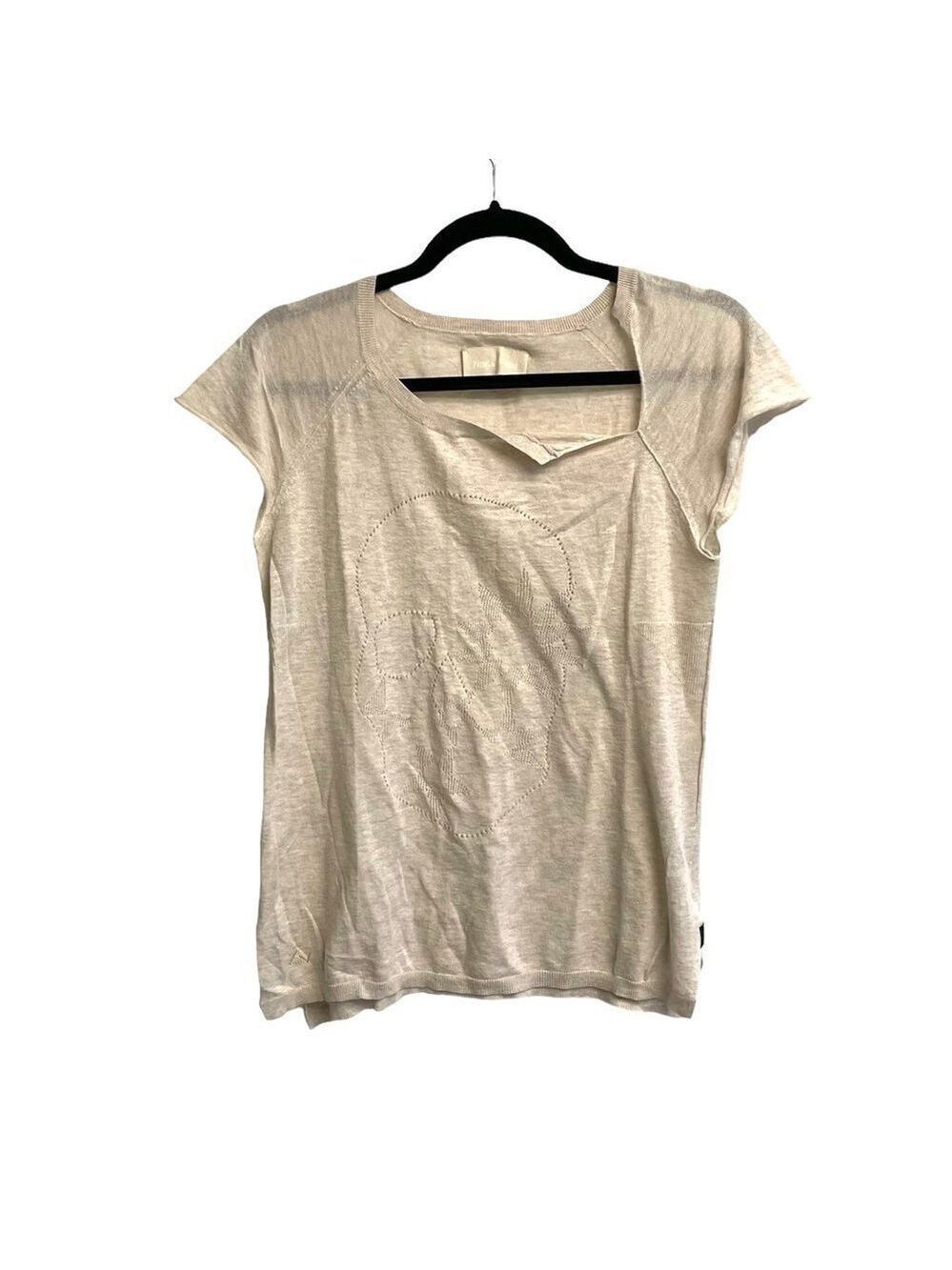 ZADIG & VOLITAIRE Cotton Knit Crew Neck Cap Sleeve Sweater T-Shirt Skull Tan M